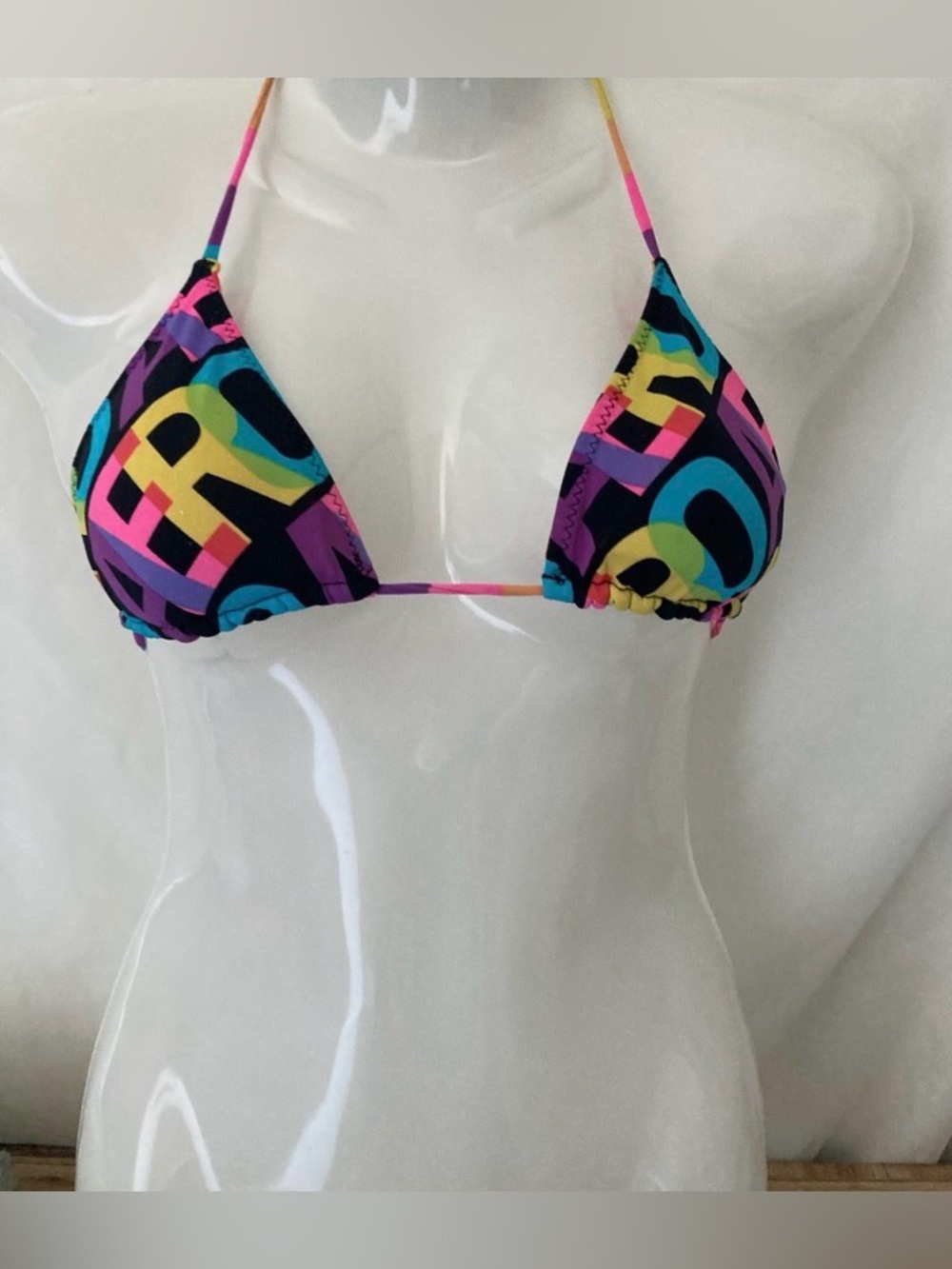 Colorful Graphic Triangle Bikini Top Y2K Festival Swimwear Size S